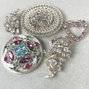 Vintage Brooch Lot 5pc Silver Tone Rhinestone Floral Heart Geometric Pins